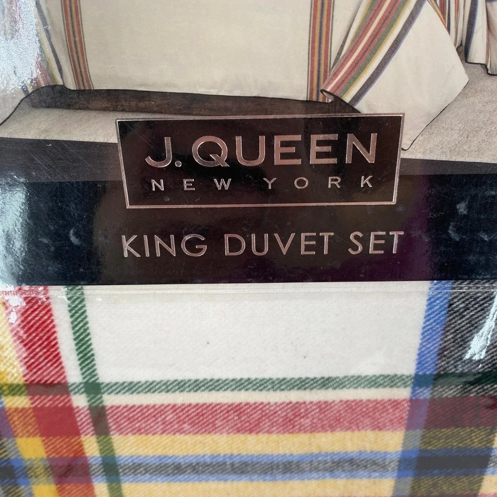 J. Queen New York Duvet Set KING Christopher Plaid Red Cream 100% Cotton Lodge